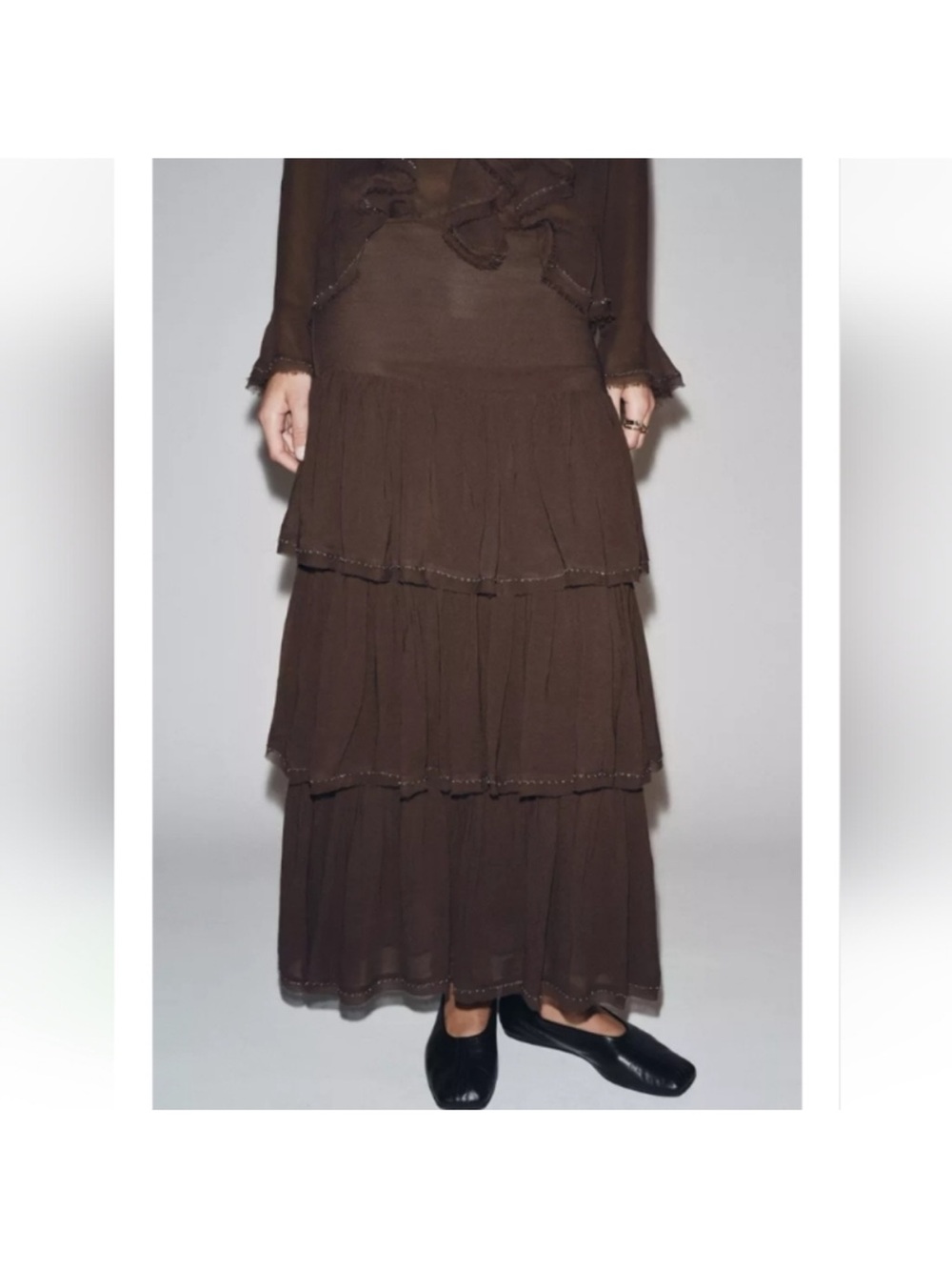 Zara Collection Dark Brown Tiered Maxi Skirt